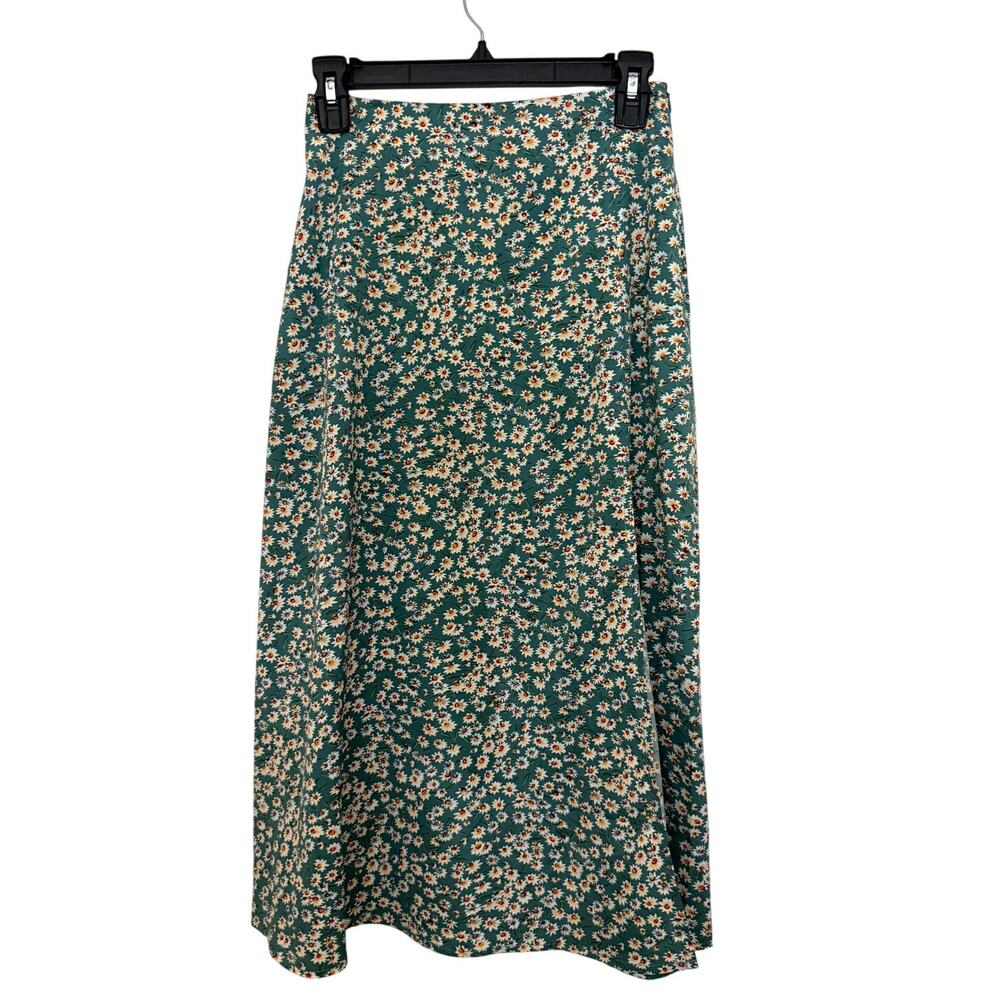 Midi Skirt Floral Ditsy Daisy Side Slit Green A-Line Summer Beachy Stretch XS
